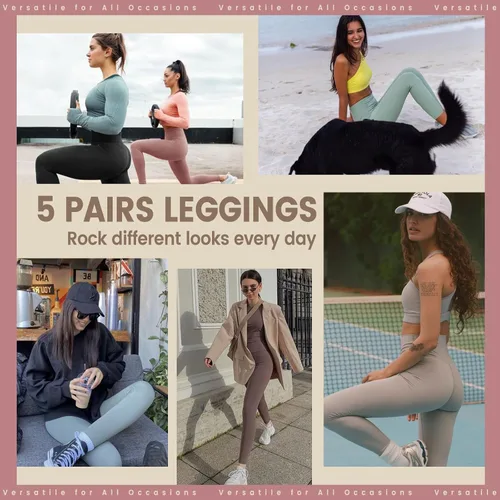 Miniatura 4 de Opuntia Paquete de 5 leggings para mujer, cintura alta, control de abdomen, suaves, color negro, pantalones de yoga adelgazantes para entrenamiento