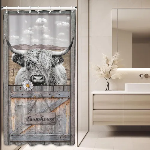 Miniatura 19 de AMBZEK - Cortina de ducha pequeña para establo con vaca de las tierras altas, 36 pulgadas de ancho x 72 pulgadas de largo, toro occidental, diseño