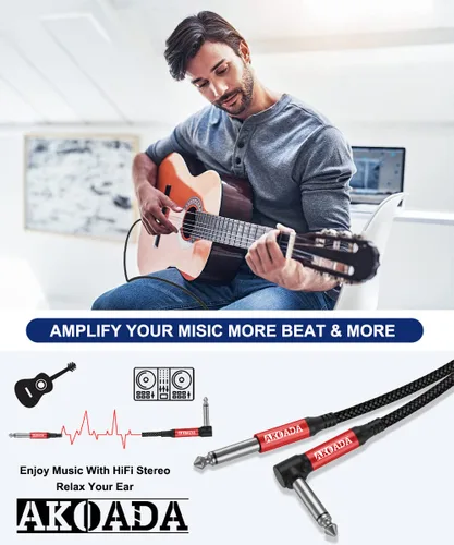 Miniatura 3 de AkoaDa Cable de guitarra de 1/4 de 20 pies, paquete de 2 unidades, cable TS para guitarra eléctrica de ángulo recto compatible con guitarra, bajo