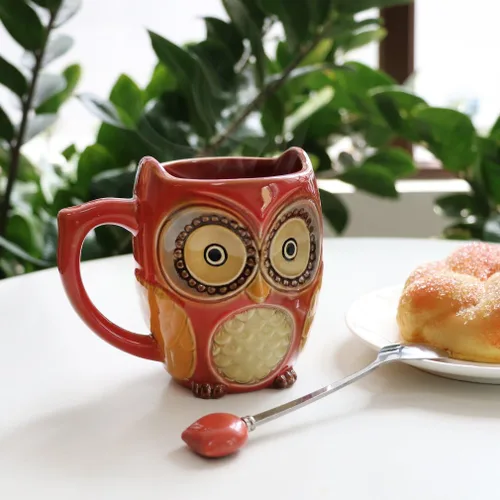 Miniatura 2 de SQOWL Taza de café 3D bonita taza de búho de cerámica con cuchara Tazas de té para mujeres y niñas 12 oz rojo