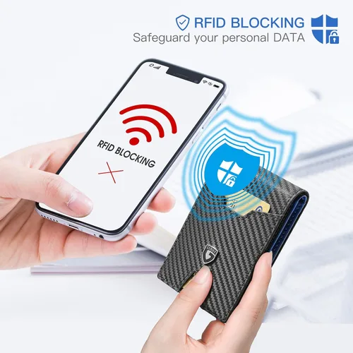 Miniatura 5 de GSOIAX Billetera delgada para hombre con bloqueo RFID carteras plegables para hombre minimalista cuero auténtico fibra de carbono clip para dinero