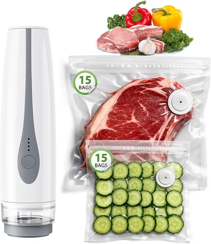 Sellador al vacío compacto, sellador de alimentos portátil de mano con 30 bolsas reutilizables, mini máquina de sellado al vacío recargable para