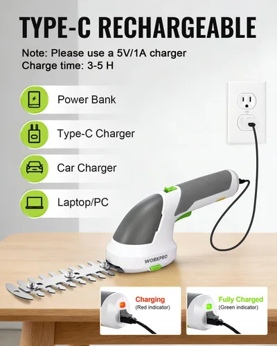 Miniatura 6 de WORKPRO - Cizalla manual 2 en 1 para césped, setos y arbustos, inalámbrica, de 7.2 V, cizalla eléctrica con batería de litio recargable, incluye