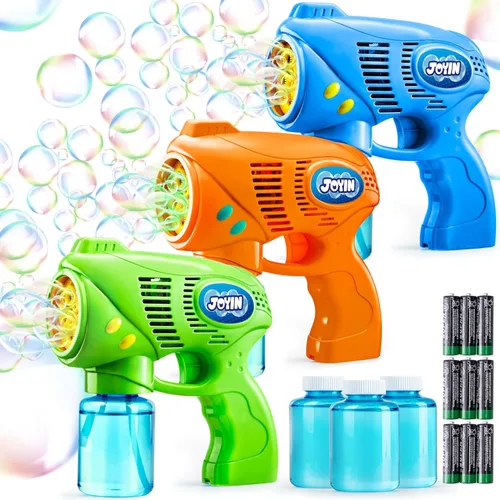 JOYIN - Juego de 3 pistolas y 3 soluciones de burbujas para niños, juguete lanzador de burbujas para verano, recuerdos de fiesta, cumpleaños, Sólido