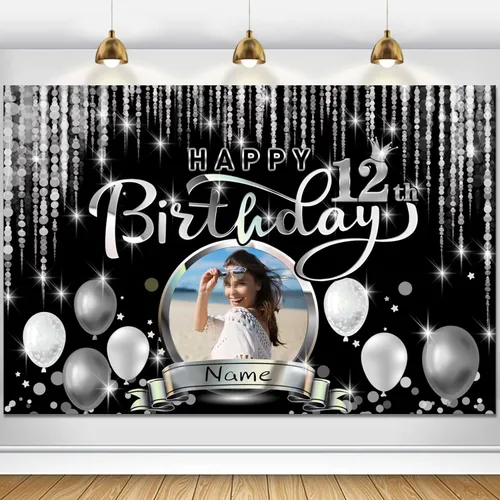 Miniatura 71 de Cartel de decoración de feliz cumpleaños número 100 personalizado - Personalización disponible - Negro y plateado - Tamaño grande - Admite fotos