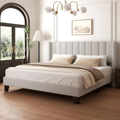 Miniatura 8 de Marco de Cama Queen con Cabecero Tapizado Marco de Cama de Plataforma con Cabecero de Terciopelo Teddy, Soporte de Listones de Madera/Diseño de Gris