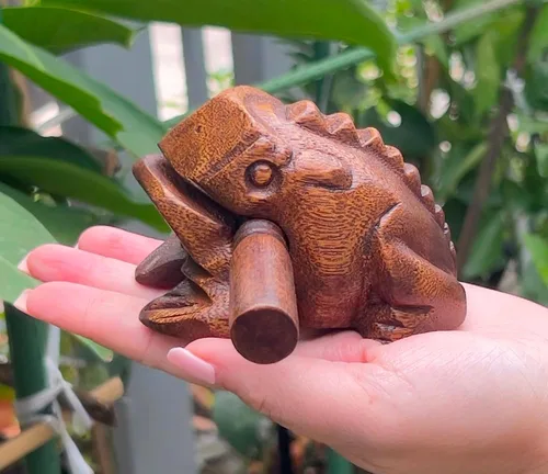 Miniatura 2 de Instrumentos de percusión clásicos tailandeses de 4 pulgadas marrón oscuro hechos a mano, rana de madera, instrumento musical