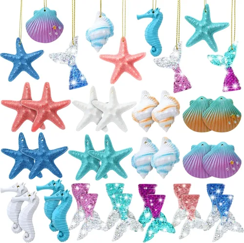 Yerliker Juego de 36 adornos de verano para árbol costero de playa, estrella de mar, concha, sirena, temática del océano, decoración colgante para