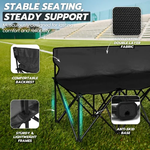 Miniatura 8 de Flexzion Asiento de banco plegable portátil, 6 plazas, banco de fútbol plegable, asientos portátiles para gradas, camping, línea lateral, con Negro