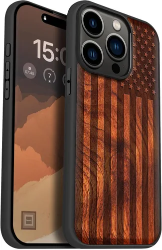 Miniatura 15 de Carveit Funda magnética de madera para iPhone 15 Pro, compatible con cargadores inalámbricos MagSafe, funda de TPU suave negro a prueba de golpes