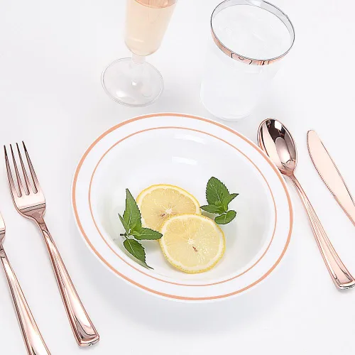 Miniatura 4 de WDF 60 cuencos de plástico desechables de 12 onzas, cuencos de ensalada con ribete de oro rosa, platos de plástico resistentes de alta calidad