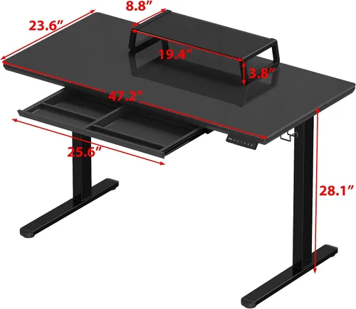 Miniatura 3 de SHW Escritorio eléctrico de cristal de pie ajustable de 48 x 24 pulgadas, escritorio motorizado con elevador de monitor, cajón extraíble, ajustes