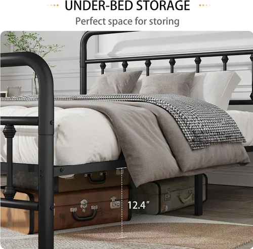 Miniatura 7 de Marco de cama de plataforma de metal, cama de hierro de estilo victoriano con cabecero, marco resistente y listones, almacenamiento debajo