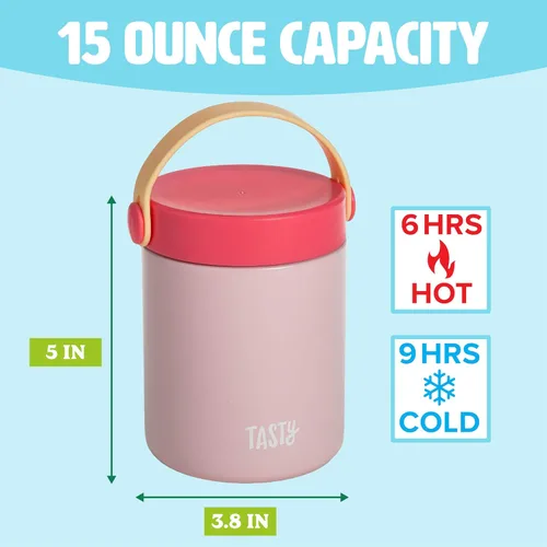 Miniatura 3 de Tasty Tarro de comida con asa plegable, contenedor portátil para aperitivos o almuerzo, aislado al vacío de acero inoxidable con tapa a prueba