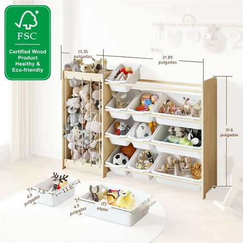 Miniatura 2 de EXPERLAM Organizador de almacenamiento de juguetes para niños, 2 en 1 almacenamiento de animales de peluche y organizador de juguetes con 12 Blanco