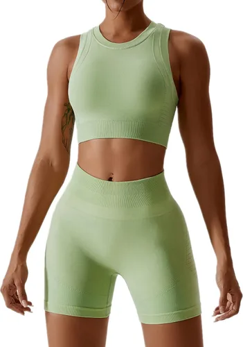 Miniatura 46 de Conjuntos de entrenamiento para mujer, 2 piezas, sin costuras, acanalada, sin mangas, brasier deportivo, cintura alta, pantalones cortos