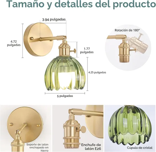 Miniatura 5 de Shenmoyl Aplique de Pared Vintage Operado por Batería con Linda Campana de Vidrio Tulipán Verde, Recargable Inalámbrica, Luz de Pared con Control