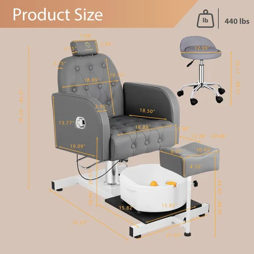 Miniatura 3 de Silla de pedicura con baño de pies de masaje para tecnología de uñas y baño de pies, silla de pedicura con rotación de 360 ° en altura ajustable