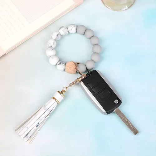 Miniatura 3 de BAOSIWA Pulsera de cuentas de silicona con llavero de pulsera para mujer con borla de cuero