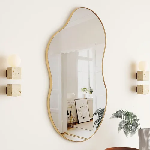 SHYFOY Espejo decorativo de pared irregular, 20 x 32 pulgadas, espejo dorado antiguo para decoración de pared, espejos de acento ondulados