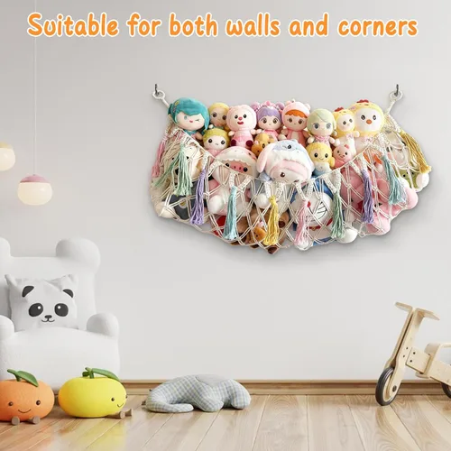 Miniatura 2 de Hamaca bohemia para animales de peluche, red grande de almacenamiento de juguetes de 51 pulgadas para juguetes de peluche, organizador de pared