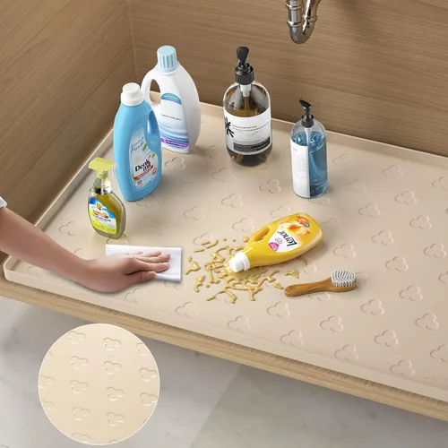Miniatura 4 de Tapete para debajo del fregadero, tapete impermeable para gabinete de cocina de 34 x 22 pulgadas, forro de silicona flexible para debajo del Beige