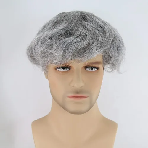 Miniatura 4 de Zigzag Toupee gris para hombre, cabello humano de 8 x 10 pulgadas, 1B mezclado, 80% gris, extensión de repuesto fina 1B Mix 80% Gris