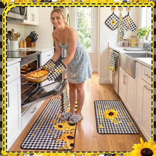 Miniatura 7 de Fourluoo Juego de 10 piezas de decoración y accesorios de cocina de girasol, diseño de búfalo blanco y negro, juego de manoplas de horno y soportes