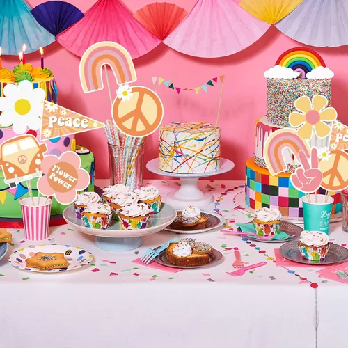 Miniatura 5 de 30 piezas de centros de mesa de fiesta estilo bohemio estilo hippie retro para mesas, arco iris, mariposa, margarita, flor, decoración