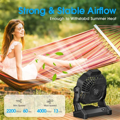 Miniatura 3 de JINLICTE Ventilador de Camping con Linterna LED, 20000 mAh, 9 Pulgadas, Ventilador Portátil Recargable con Batería, con Velocidad Variable y Negro