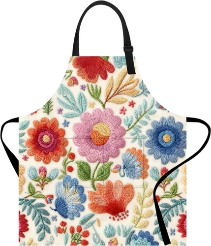 Miniatura 9 de Delantal divertido con bolsillo para mujeres y hombres, delantal de cocina ajustable para barbacoa y horneado con lindos animales y flores