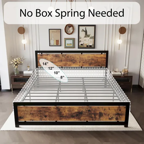 Miniatura 7 de Base de cama king LIKIMIO con cabecera y pie de cama, soportes metálicos resistentes, fácil montaje, libre de ruidos, no necesita somier