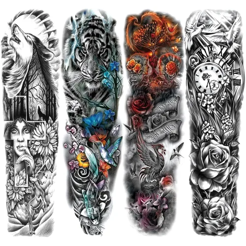 Miniatura 8 de Manga de Tatuaje Temporal de León y Leopardo para Hombres y Mujeres, Manga Completa Grande de Bosque Negro Lobo Tribal, Tatuajes Falsos de Duración