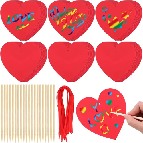 Liliful Juego de 60 manualidades para el día de San Valentín para niños, diseño de corazón rojo, para raspar, San Valentín, preescolar, magia para