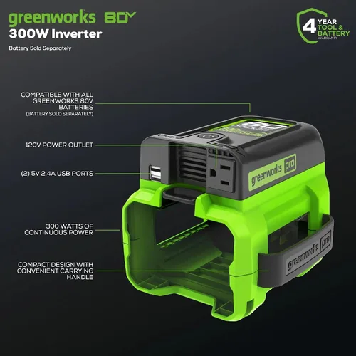 Miniatura 2 de Greenworks Inversor de corriente Pro de 80 V (300 vatios), 120 V CA, para cargar dispositivos electrónicos pequeños, teléfonos inteligentes