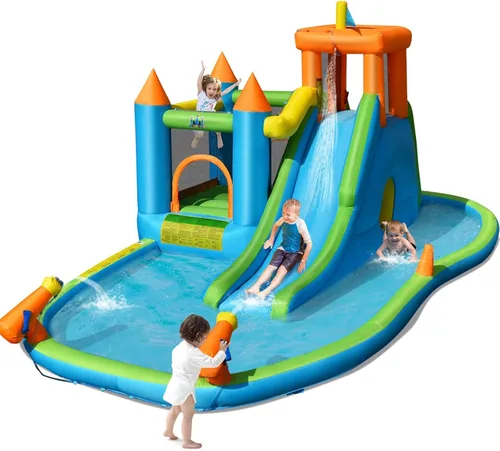 Miniatura 9 de BOUNTECH Tobogán acuático inflable, tobogán acuático para niños, casa de rebote en húmedo y seco, combo para diversión al aire libre con soplador