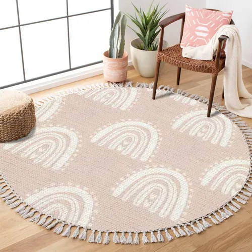 Miniatura 9 de Alfombra redonda bohemia para niños, dibujada a mano sin costuras con arco iris rosa pastel, alfombra de verano para bebé, alfombra de lino