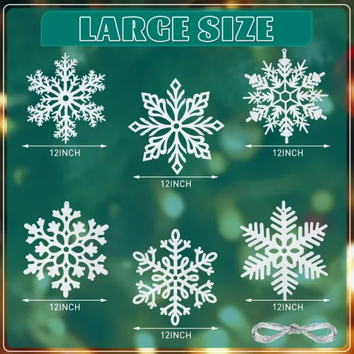 Miniatura 2 de Adornos de copo de nieve con purpurina de 12 pulgadas, copos de nieve blancos grandes de plástico para árbol de Navidad de interior/exterior