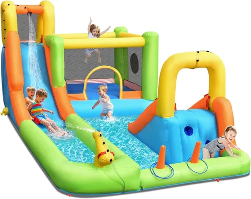 OLAKIDS Tobogán acuático inflable, casa de rebote 7 en 1 con 2 toboganes de escalada de pared, piscina con 2 columnas de anillo, pistola de agua,