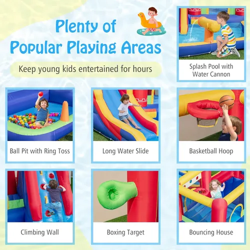 Miniatura 2 de HONEY JOY Tobogán acuático inflable, casa de rebote de tobogán acuático 9 en 1 con piscina de salpicaduras, tobogán largo, pozo de bolas con 50