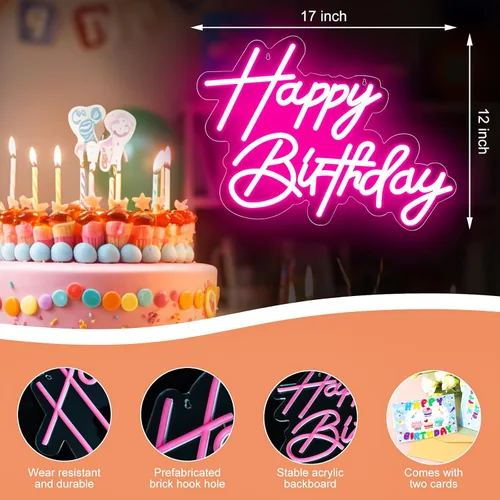 Miniatura 2 de Letrero de neón de feliz cumpleaños para decoración de pared, letrero de neón LED alimentado por USB con brillo regulable, ideal para fiestas