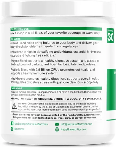 Miniatura 2 de NutraOne Ideal Greens Suplemento en polvo de verduras antioxidantes y ricos en nutrientes (baya natural - 30 porciones)