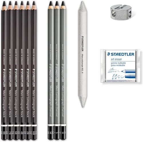 Miniatura 2 de STAEDTLER Mars Lumograph Set de arte Kit de dibujo con lápices de dibujo de carbón y grafito, estilete para mezclar, goma de borrar maleable