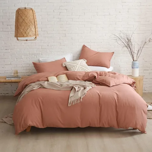 Miniatura 2 de PANDATEX Juego de funda de edredón de mezcla de lino de rayón rosa polvoriento, algodón, prelavado, suave, transpirable, tamaño matrimonial