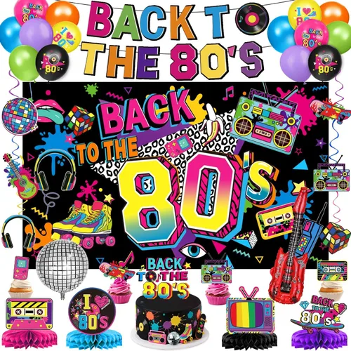 Las decoraciones de fiesta de los años 80 incluyen telón de fondo, pancarta, espirales colgantes, globos de aluminio y látex, adornos para pasteles