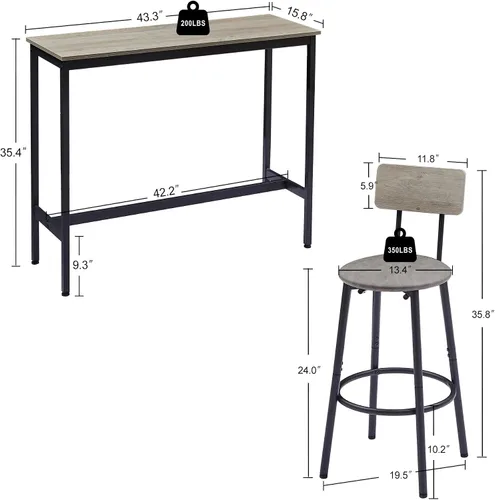Miniatura 2 de Juego de mesa de bar y 2 sillas, 3 piezas para espacios pequeños, mesa de comedor rectangular para 2 mesas de bar de altura de mostrador con 2 Gris