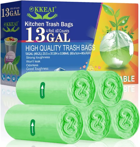 OKKEAI Bolsas de basura grandes de 13 galones de alto, color verde, bolsas de basura de 49 litros para césped, hogar, oficina, 60 unidades (se