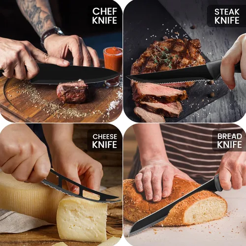 Miniatura 3 de LDC - Juego de cuchillos negros de cocina, acero inoxidable, aptos para lavavajillas, juego de cuchillos ergonómicos con asas antideslizantes