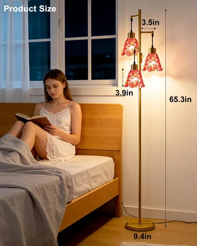 Miniatura 6 de Lámpara de pie moderna de cristal de 3 luces, lámpara alta de pie dorada con pantalla de vidrio de piña roja profunda, lámpara de pie LED regulable