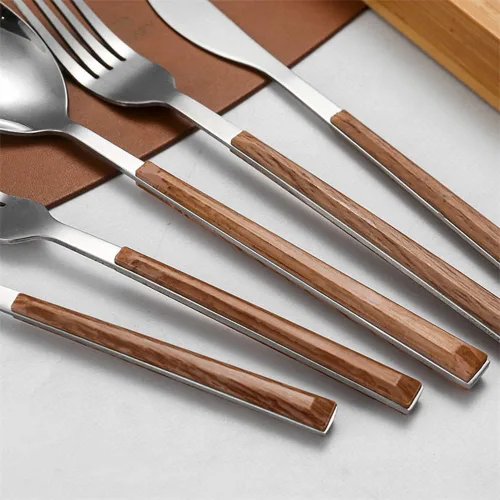 Miniatura 8 de Juego de cubiertos de madera para 6 cubiertos de acero inoxidable, mango de grano de madera, juego de cubiertos de 30 piezas, incluye cuchillos